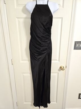 Mable Black Halter Ruched Satin Evening Dress Size Medium